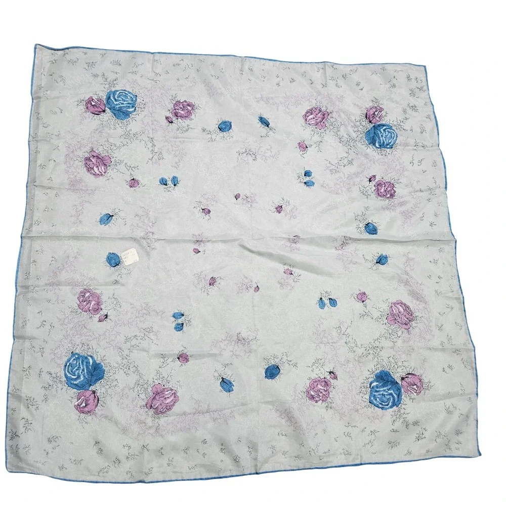 Vintage 50s 60s Floral Scarf Women Blue Purple Silk Blend Hand Rolled Japan